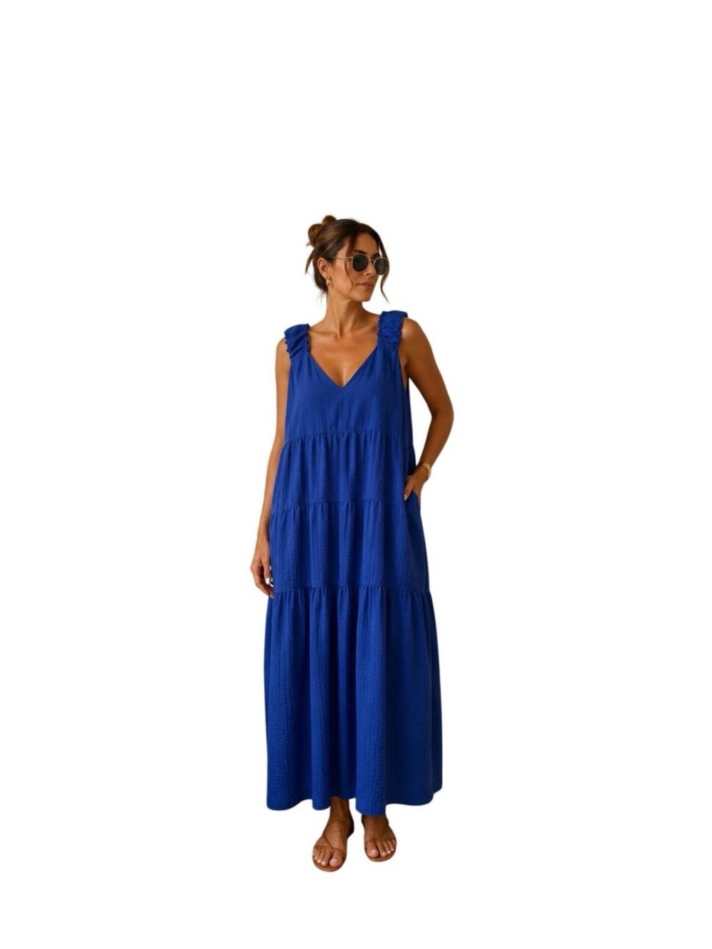 J. Crew Ruffle-Straps Maxi Blue Gauze Tiered Dress with Pockets Sz XXL
